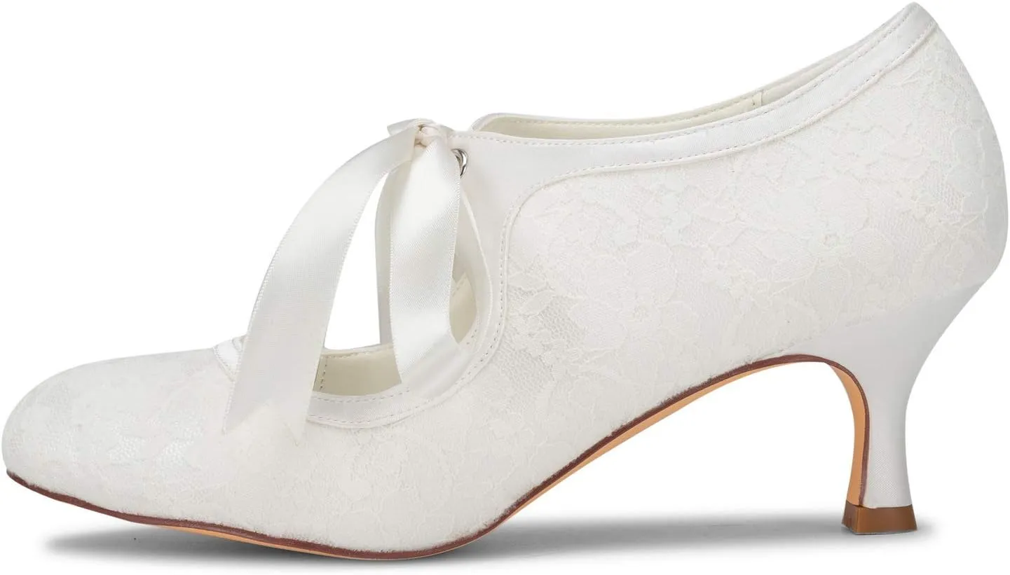 JIAJIA 140311 Women's Bridal Shoes Closed Toe Stiletto Heel Lace Satin Pumps Ribbon Tie Wedding Shoes