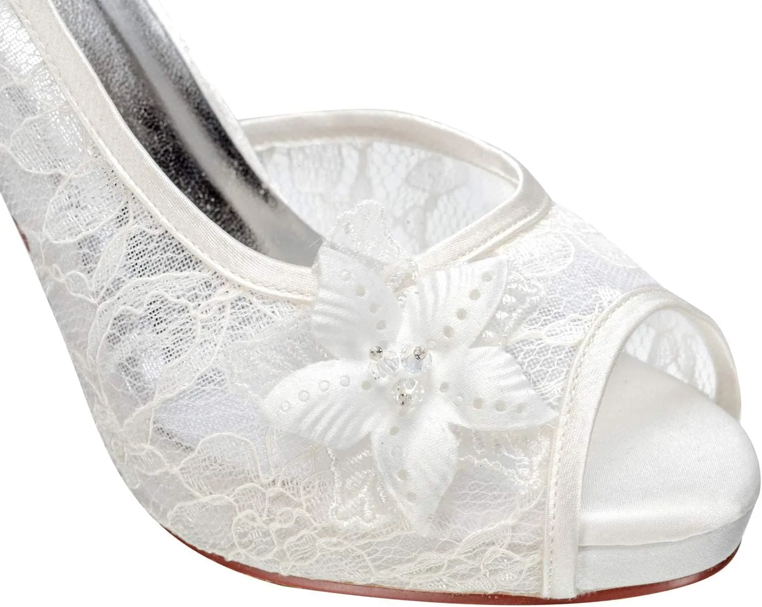 JIAJIA 154814 Women's Bridal Shoes Peep Toe 4.1'' High Heel Lace Satin Pumps Flower Wedding Shoes
