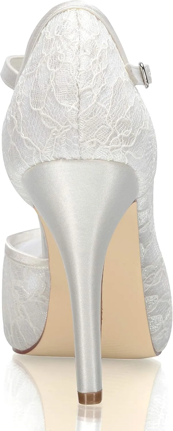JIAJIA 154814 Women's Bridal Shoes Peep Toe 4.1'' High Heel Lace Satin Pumps Flower Wedding Shoes