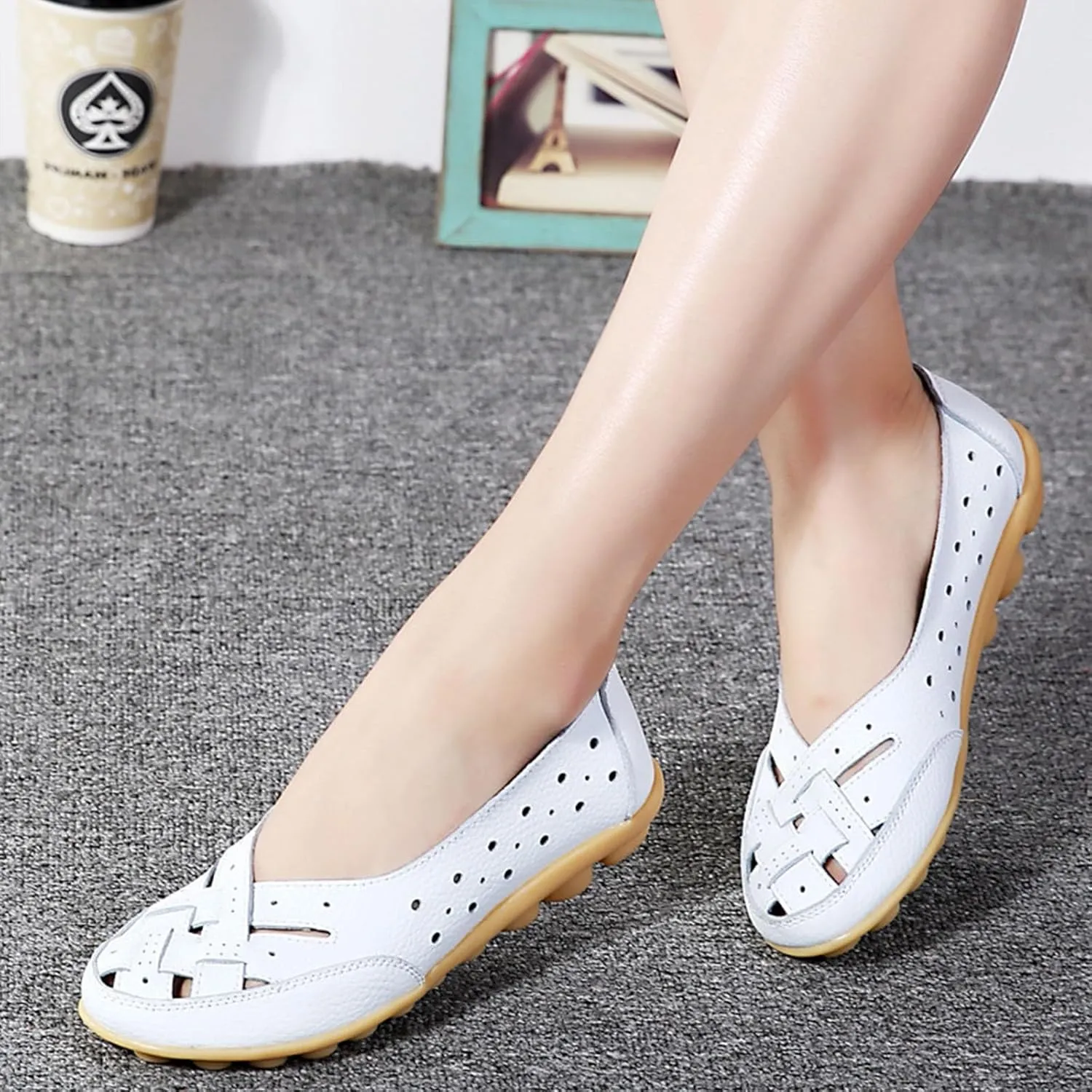 Keilinia Women's Leather Woven Loafers,Lightweight Comfort Breathe Slip-on Softsole Walking Driving Casual Flat Shoes