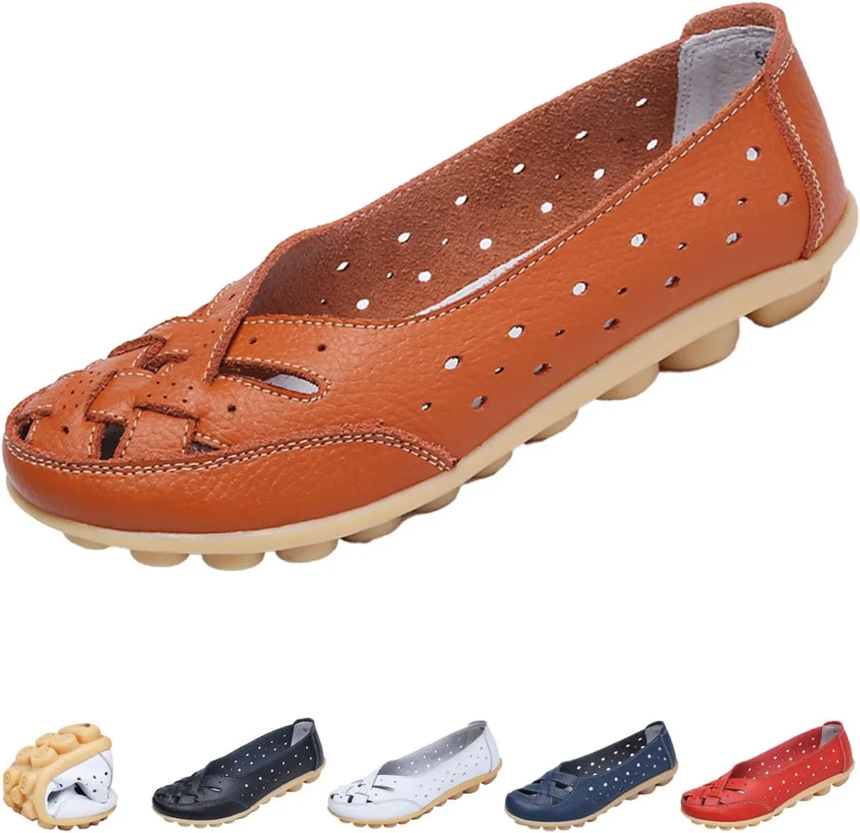 Keilinia Women's Leather Woven Loafers,Lightweight Comfort Breathe Slip-on Softsole Walking Driving Casual Flat Shoes