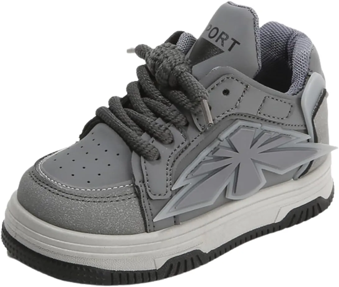 Kids Athletic Sneakers, Gray Sport Shoes with Star Design, Lace-up Comfort Trainers