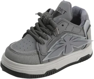 Kids Athletic Sneakers, Gray Sport Shoes with Star Design, Lace-up Comfort Trainers