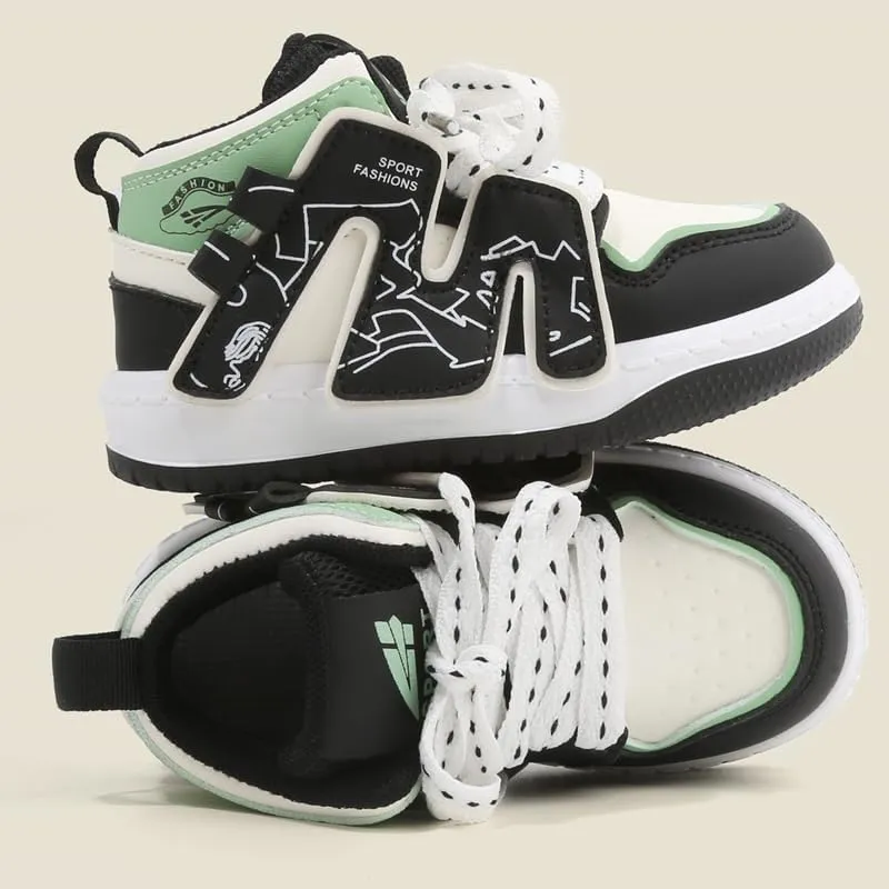 Kids Athletic Sneakers, High Top Design, Black White Mint Green, Sport Training Shoes