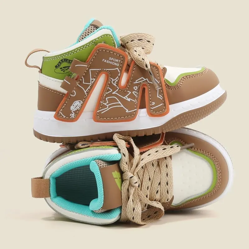 Kids Athletic Sneakers, High Top Design, Black White Mint Green, Sport Training Shoes
