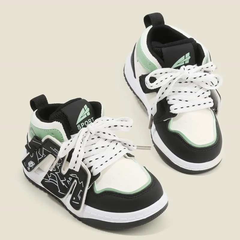 Kids Athletic Sneakers, High Top Design, Black White Mint Green, Sport Training Shoes