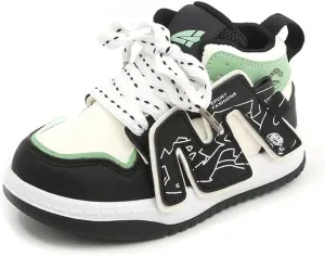 Kids Athletic Sneakers, High Top Design, Black White Mint Green, Sport Training Shoes