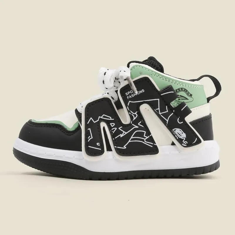 Kids Athletic Sneakers, High Top Design, Black White Mint Green, Sport Training Shoes