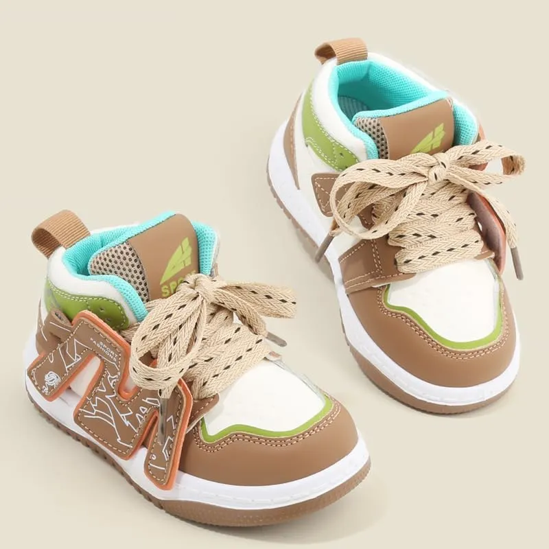 Kids Athletic Sneakers, High Top Design, Black White Mint Green, Sport Training Shoes