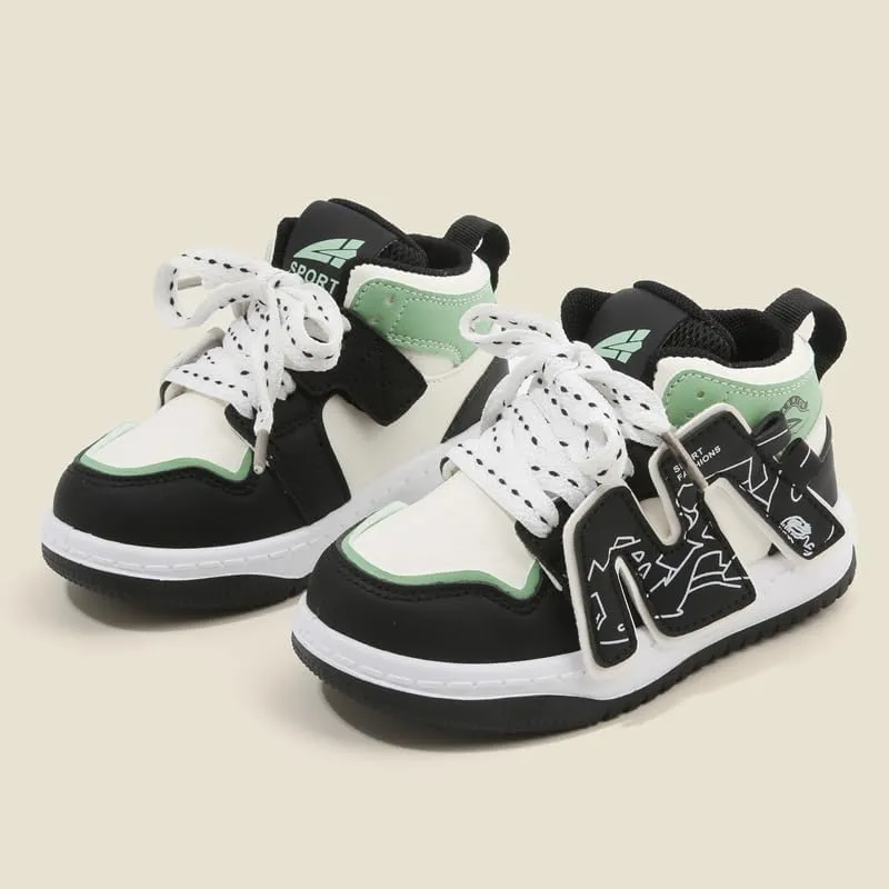 Kids Athletic Sneakers, High Top Design, Black White Mint Green, Sport Training Shoes