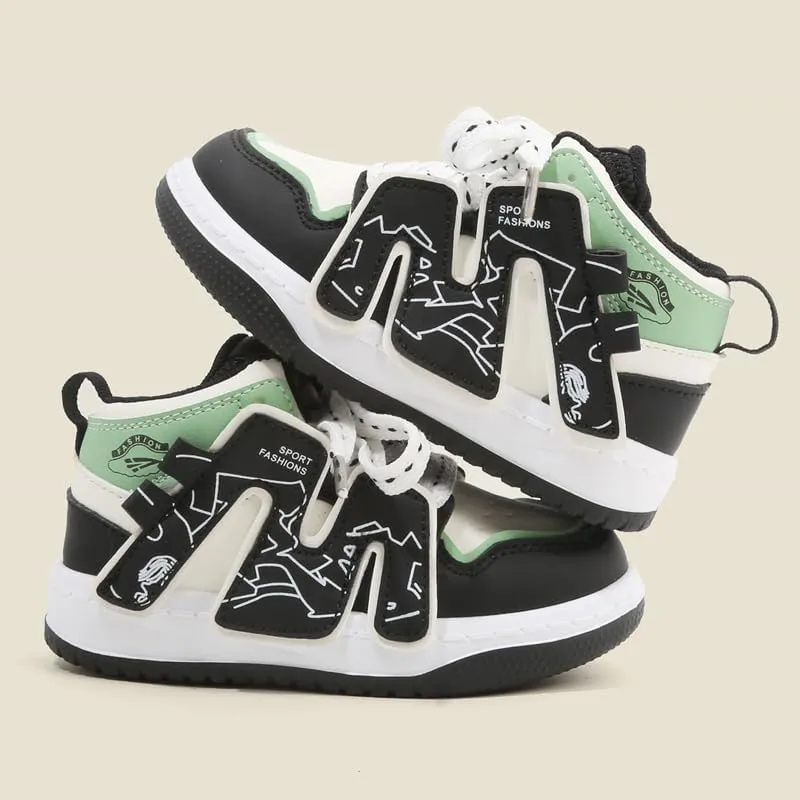 Kids Athletic Sneakers, High Top Design, Black White Mint Green, Sport Training Shoes