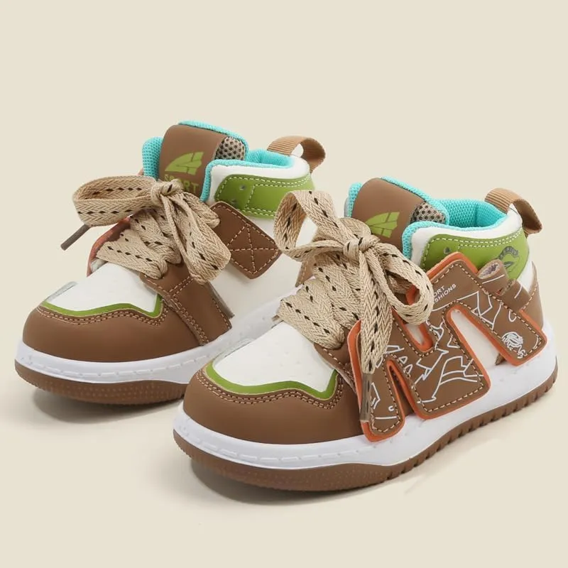 Kids Athletic Sneakers, High Top Design, Black White Mint Green, Sport Training Shoes