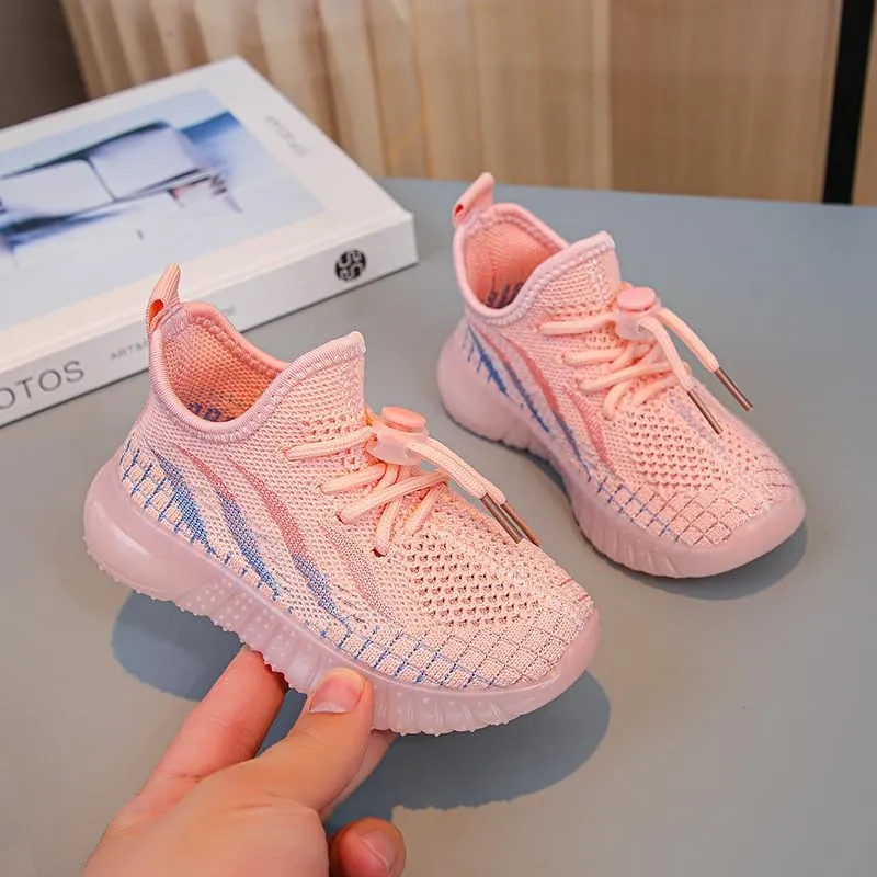 Kids Athletic Sneakers, Knit Mesh Running Shoes, Beige, Lightweight Breathable Design