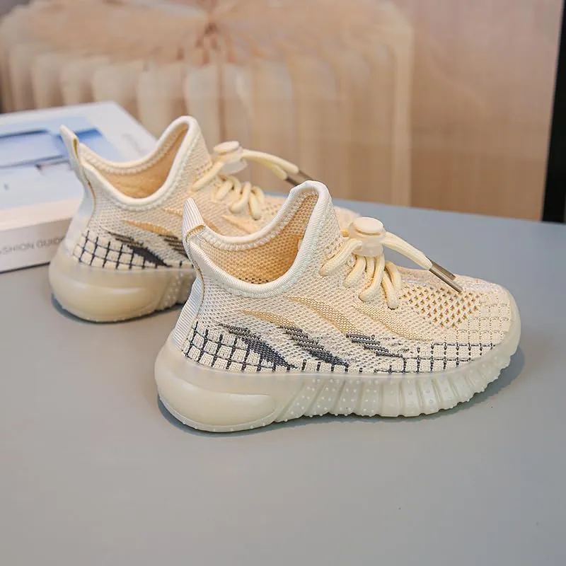 Kids Athletic Sneakers, Knit Mesh Running Shoes, Beige, Lightweight Breathable Design