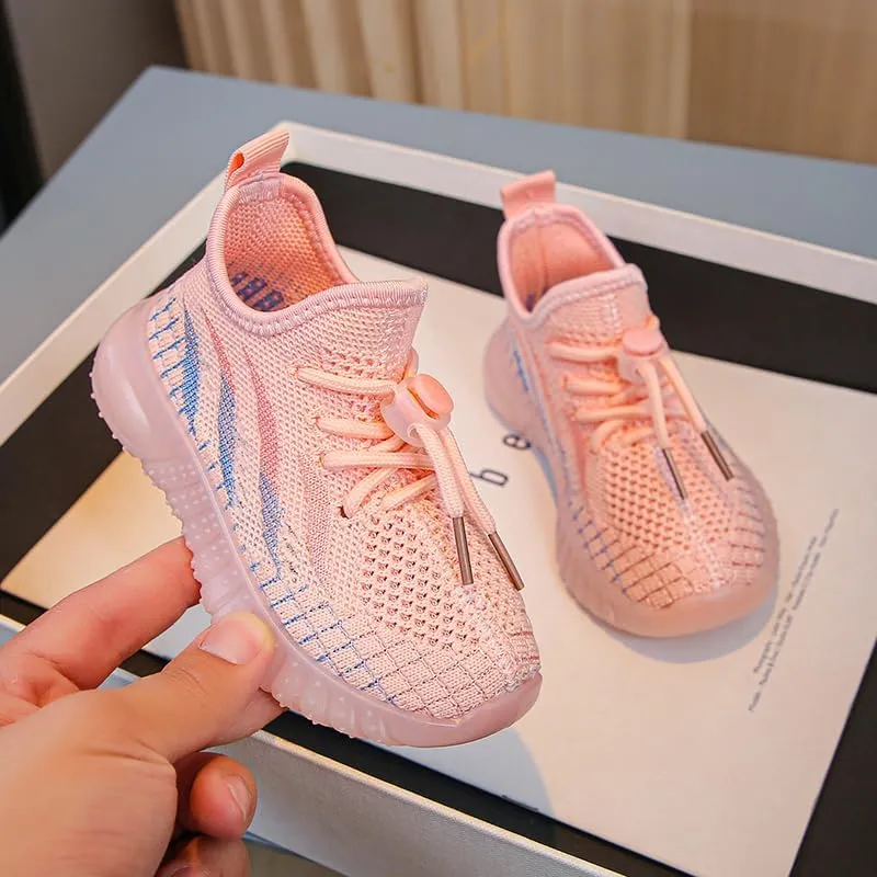 Kids Athletic Sneakers, Knit Mesh Running Shoes, Beige, Lightweight Breathable Design