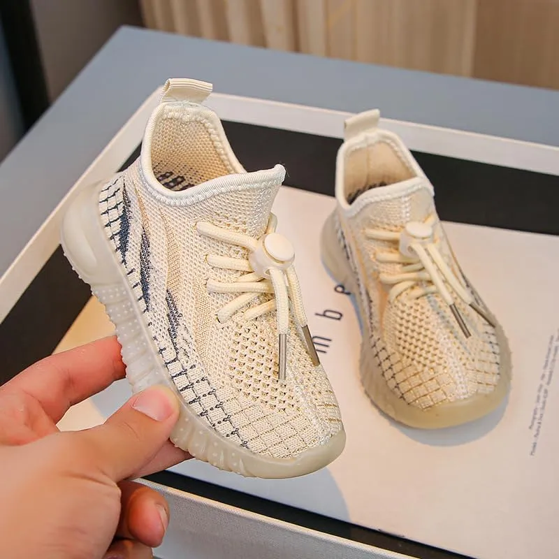 Kids Athletic Sneakers, Knit Mesh Running Shoes, Beige, Lightweight Breathable Design