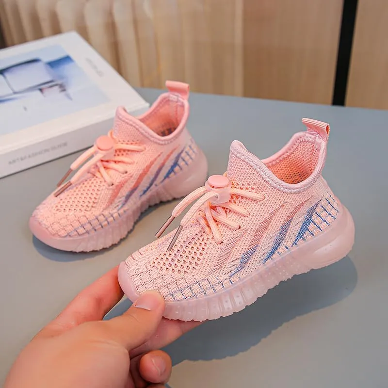 Kids Athletic Sneakers, Knit Mesh Running Shoes, Beige, Lightweight Breathable Design