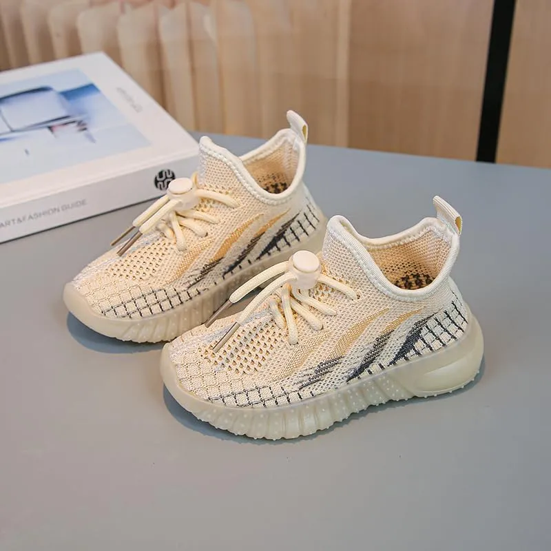Kids Athletic Sneakers, Knit Mesh Running Shoes, Beige, Lightweight Breathable Design