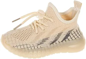 Kids Athletic Sneakers, Knit Mesh Running Shoes, Beige, Lightweight Breathable Design