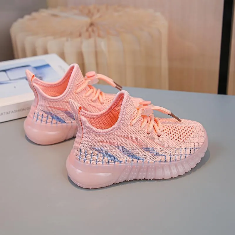 Kids Athletic Sneakers, Knit Mesh Running Shoes, Beige, Lightweight Breathable Design