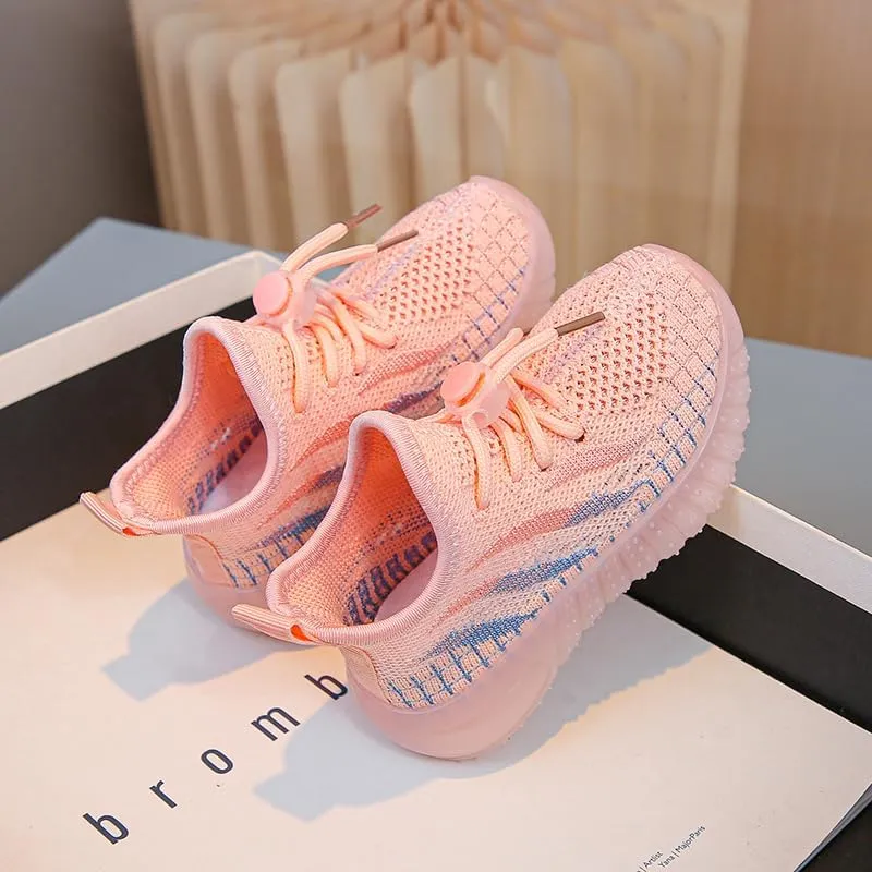 Kids Athletic Sneakers, Knit Mesh Running Shoes, Beige, Lightweight Breathable Design