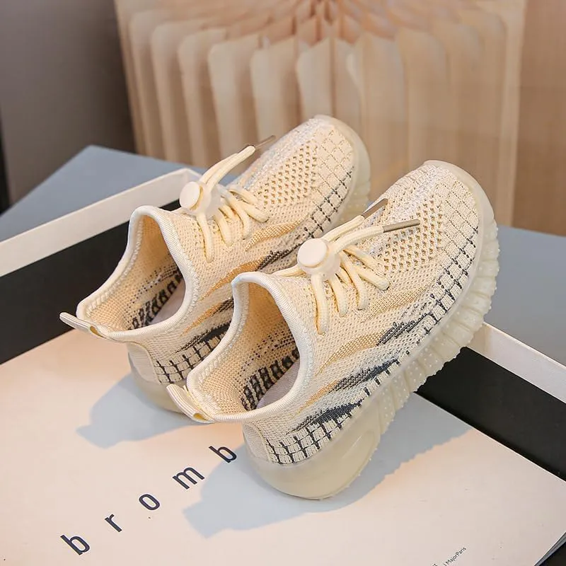 Kids Athletic Sneakers, Knit Mesh Running Shoes, Beige, Lightweight Breathable Design