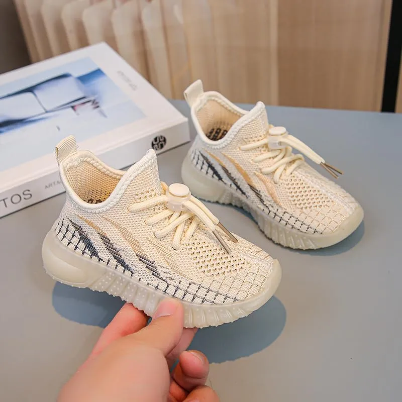 Kids Athletic Sneakers, Knit Mesh Running Shoes, Beige, Lightweight Breathable Design
