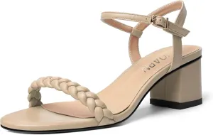 KUOARN Womens Dating Matte Ankle Strap Round Toe Buckle Dress Chunky Low Heel Heeled Sandals 2.2 Inch