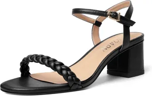 KUOARN Womens Dating Matte Ankle Strap Round Toe Buckle Dress Chunky Low Heel Heeled Sandals 2.2 Inch