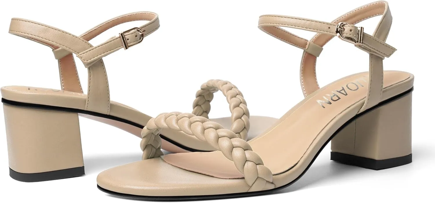 KUOARN Womens Dating Matte Ankle Strap Round Toe Buckle Dress Chunky Low Heel Heeled Sandals 2.2 Inch