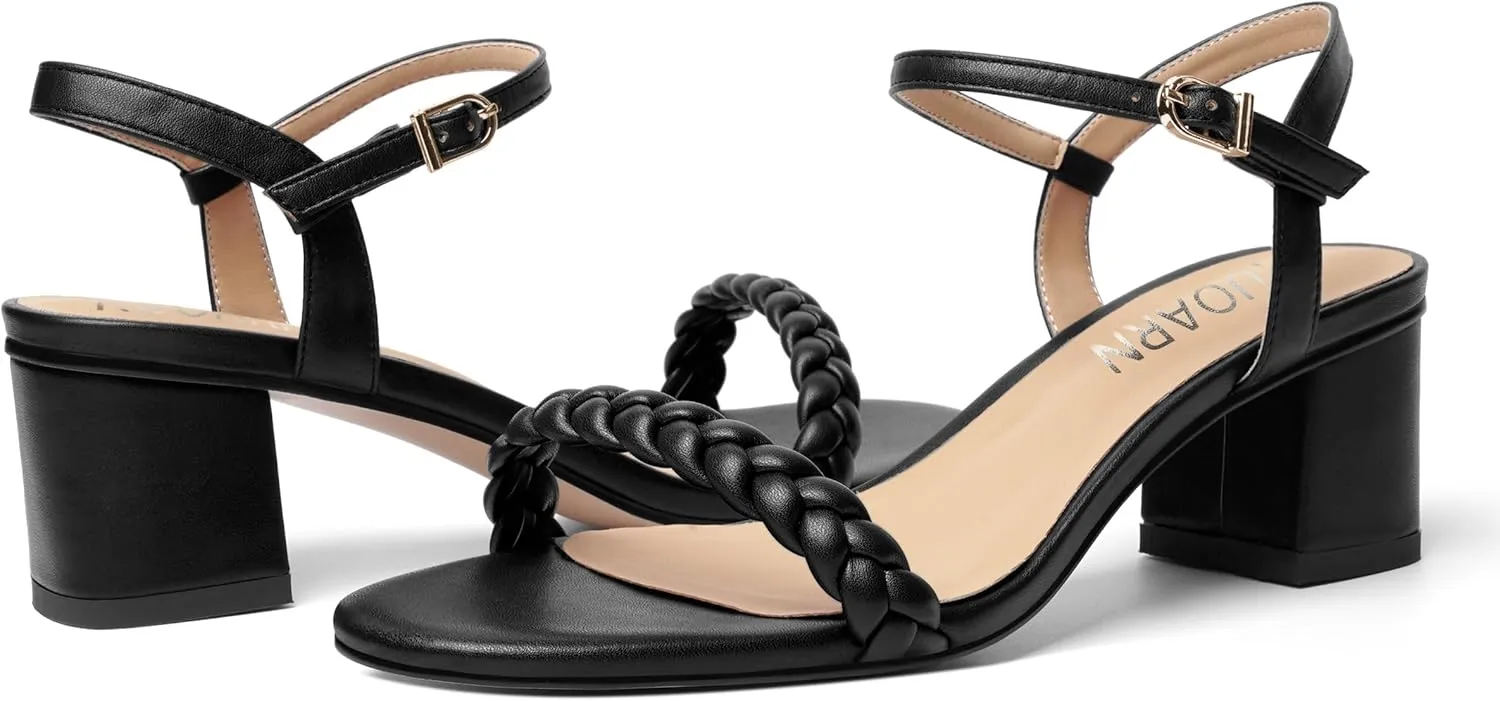 KUOARN Womens Dating Matte Ankle Strap Round Toe Buckle Dress Chunky Low Heel Heeled Sandals 2.2 Inch