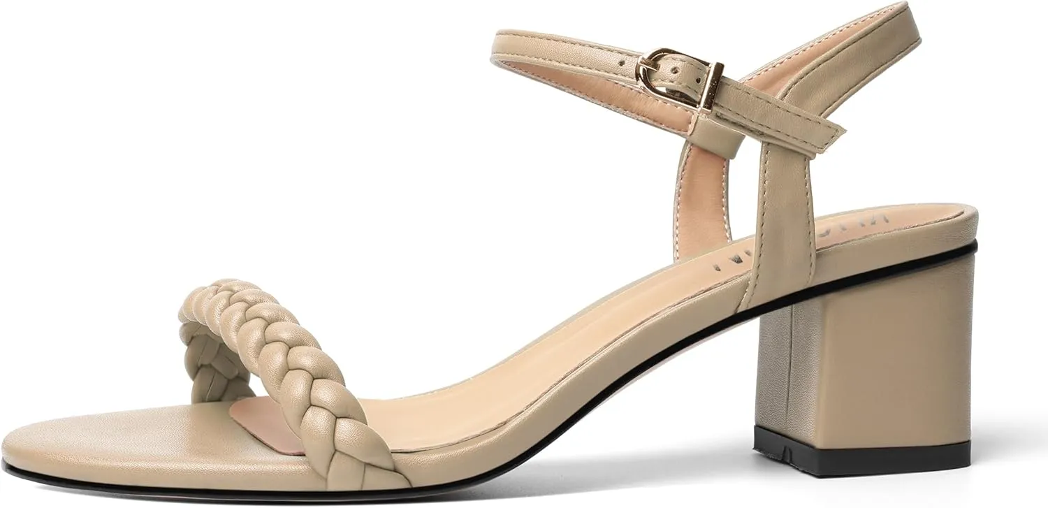 KUOARN Womens Dating Matte Ankle Strap Round Toe Buckle Dress Chunky Low Heel Heeled Sandals 2.2 Inch