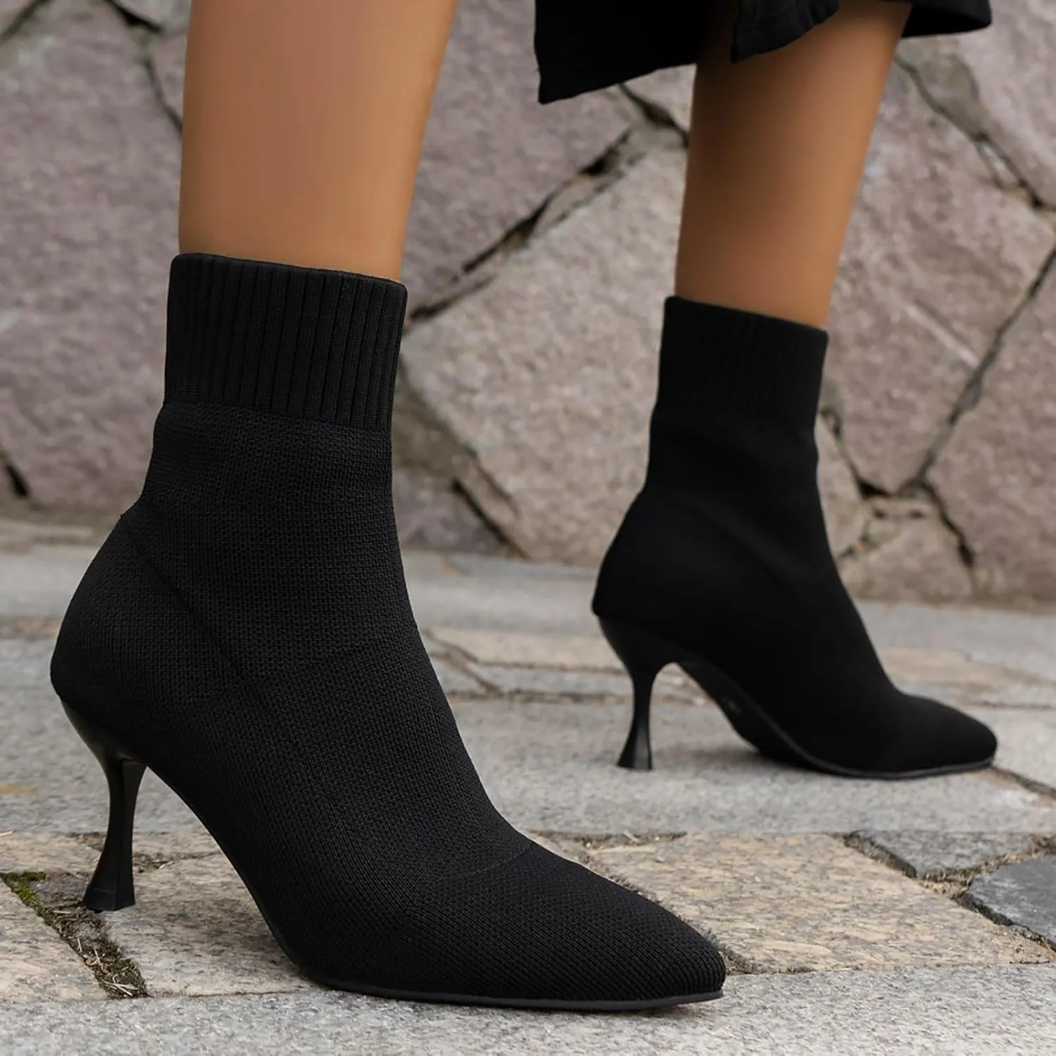 Ladies Solid Color Simple Casual Knitted Breathable Socks High Heels Fine Heeled Mid Pointed Boots for Women Patterned