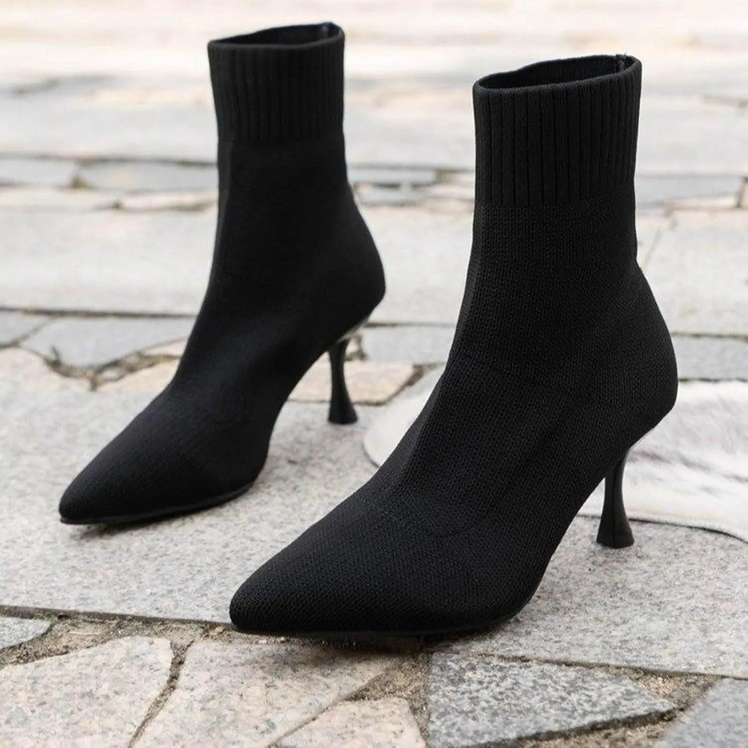 Ladies Solid Color Simple Casual Knitted Breathable Socks High Heels Fine Heeled Mid Pointed Boots for Women Patterned