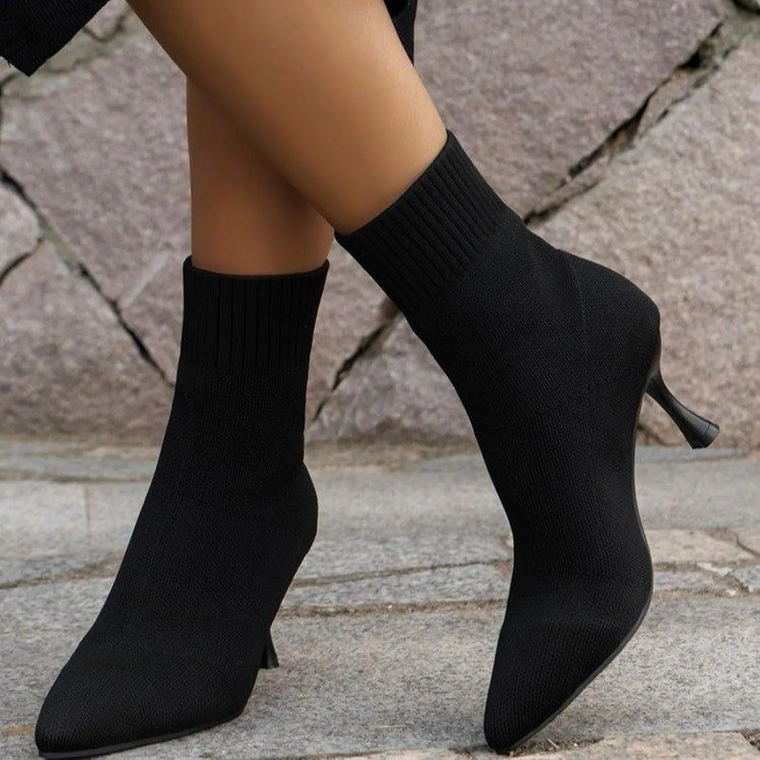Ladies Solid Color Simple Casual Knitted Breathable Socks High Heels Fine Heeled Mid Pointed Boots for Women Patterned