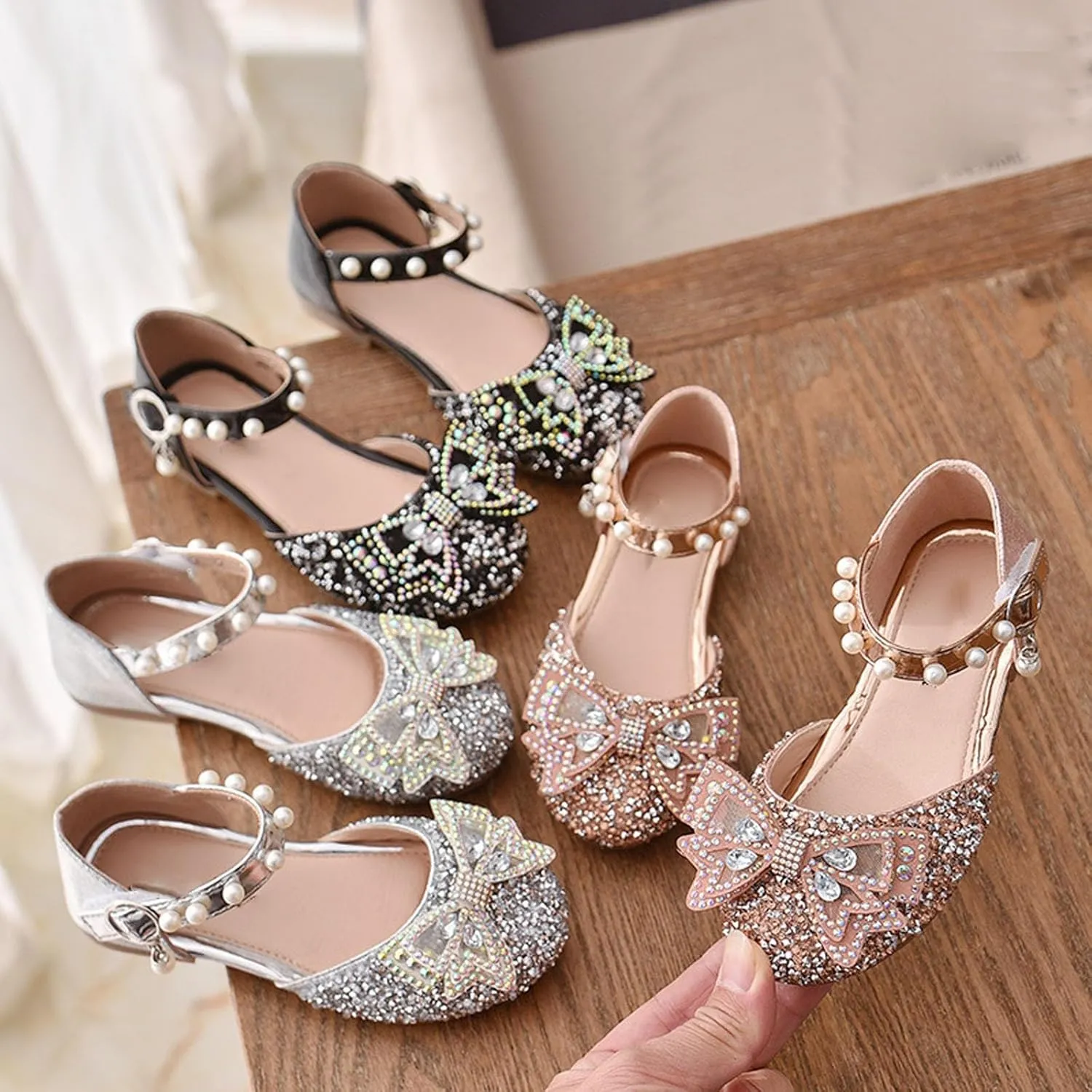 Little Kid Girls Mary Jane Ballerina Shoes hinestones Bowknot Flower Girl Wedding Pary Pearl Strap Dress Shoes