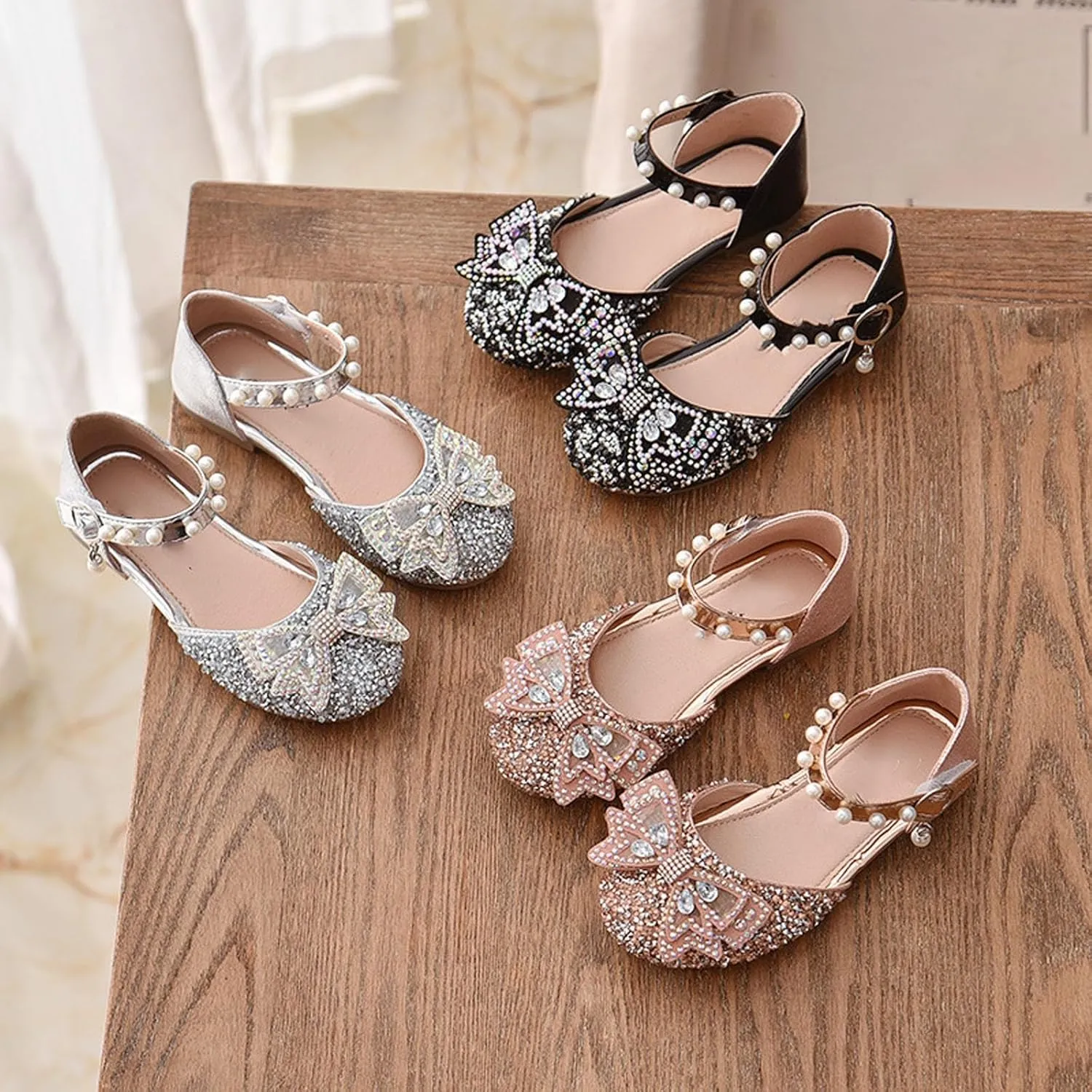 Little Kid Girls Mary Jane Ballerina Shoes hinestones Bowknot Flower Girl Wedding Pary Pearl Strap Dress Shoes