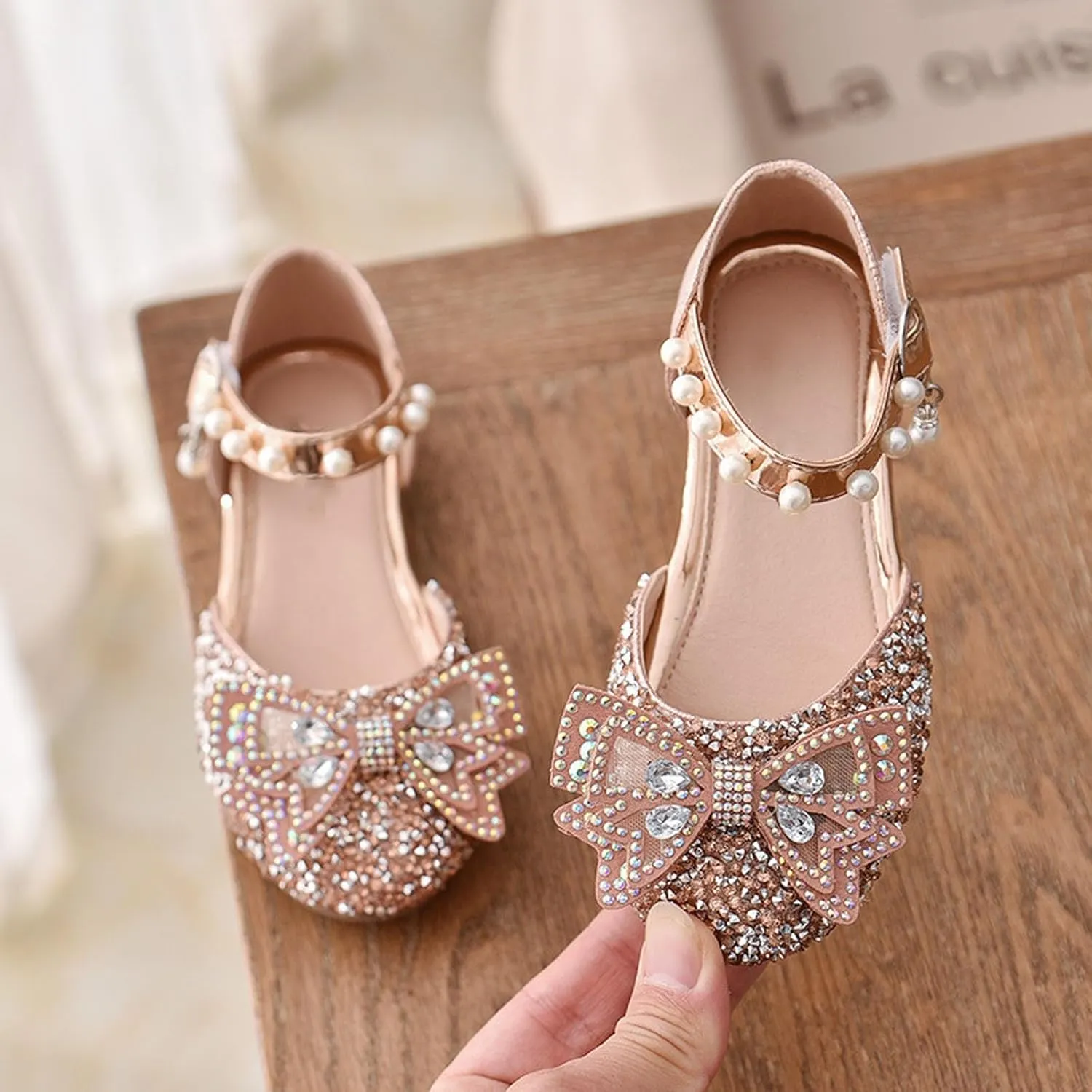 Little Kid Girls Mary Jane Ballerina Shoes hinestones Bowknot Flower Girl Wedding Pary Pearl Strap Dress Shoes