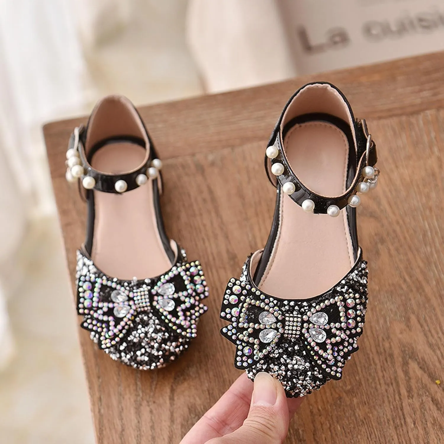 Little Kid Girls Mary Jane Ballerina Shoes hinestones Bowknot Flower Girl Wedding Pary Pearl Strap Dress Shoes