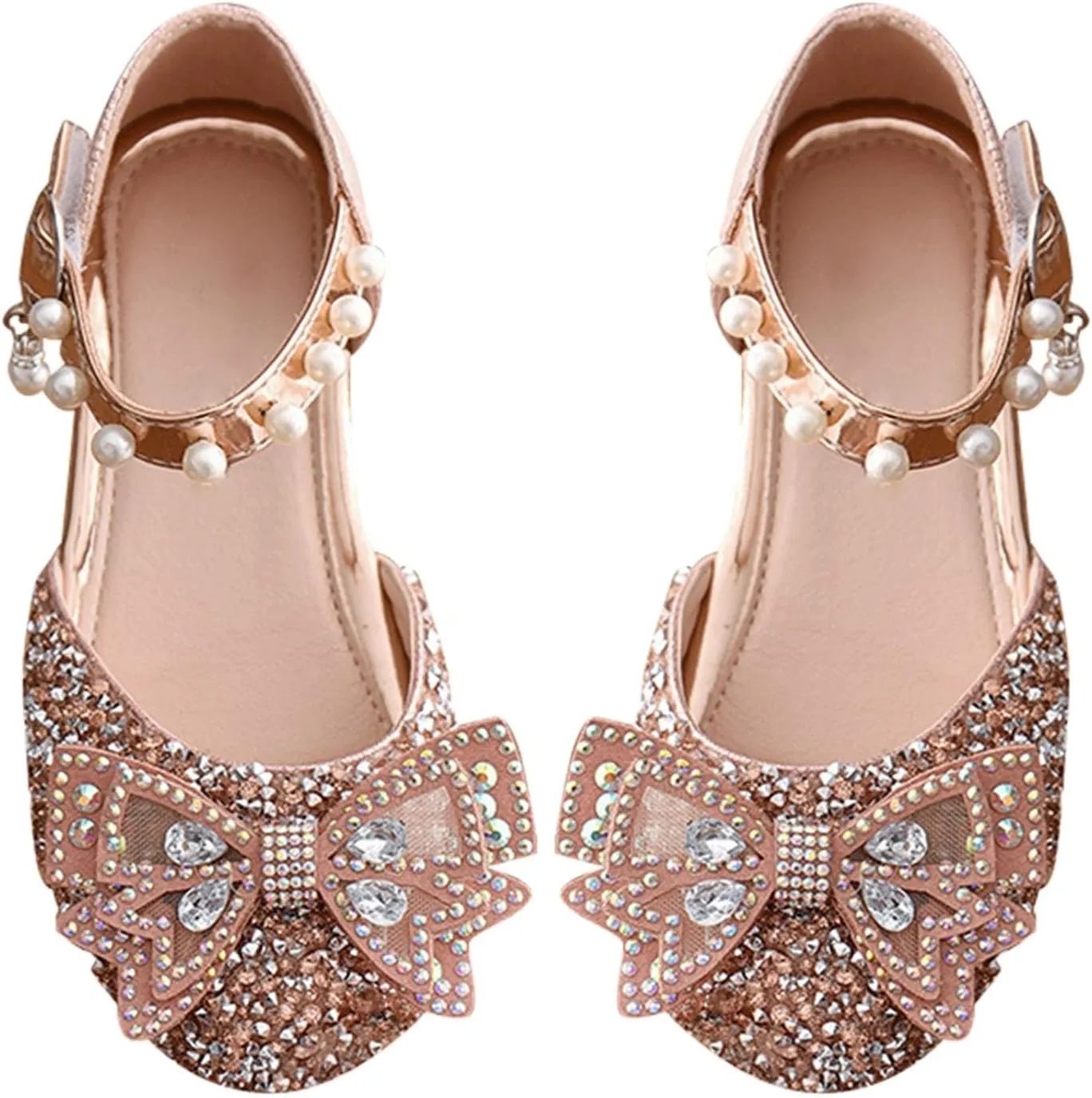 Little Kid Girls Mary Jane Ballerina Shoes hinestones Bowknot Flower Girl Wedding Pary Pearl Strap Dress Shoes