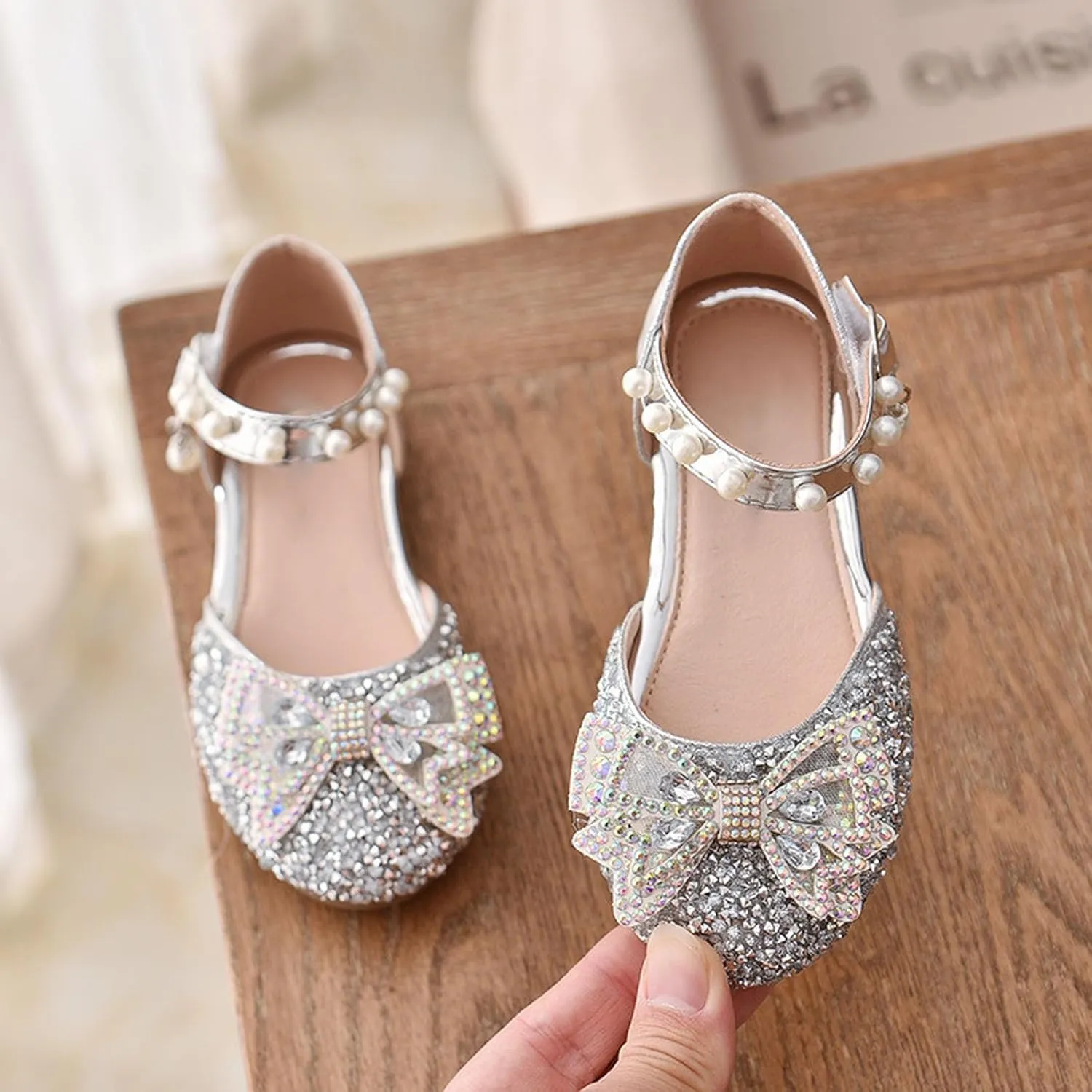 Little Kid Girls Mary Jane Ballerina Shoes hinestones Bowknot Flower Girl Wedding Pary Pearl Strap Dress Shoes