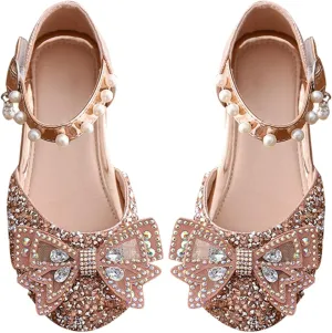 Little Kid Girls Mary Jane Ballerina Shoes hinestones Bowknot Flower Girl Wedding Pary Pearl Strap Dress Shoes