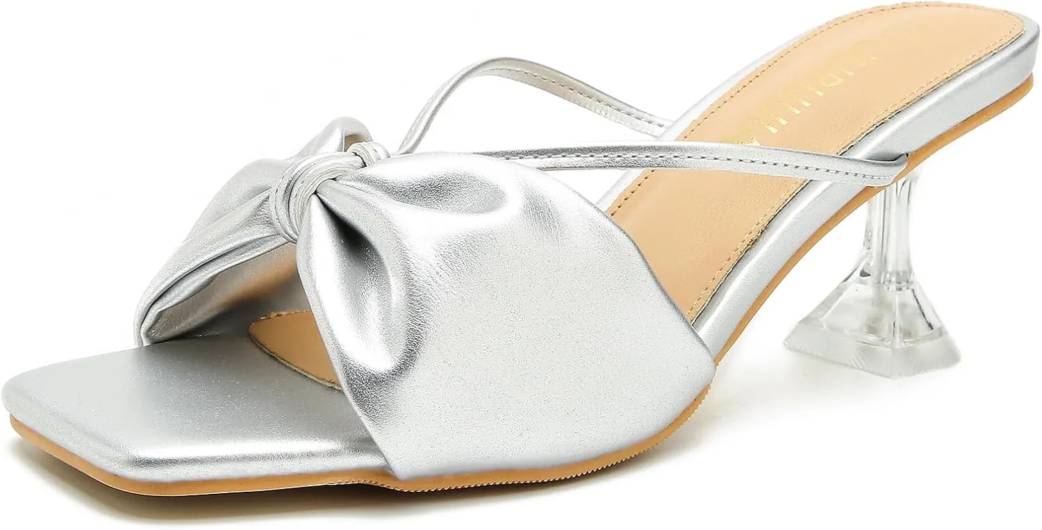 LIURUIJIA Women's Bow Strap Slip On Heeled Sandals Square Toe 2" Clear Heel Comfortable Heels Mules