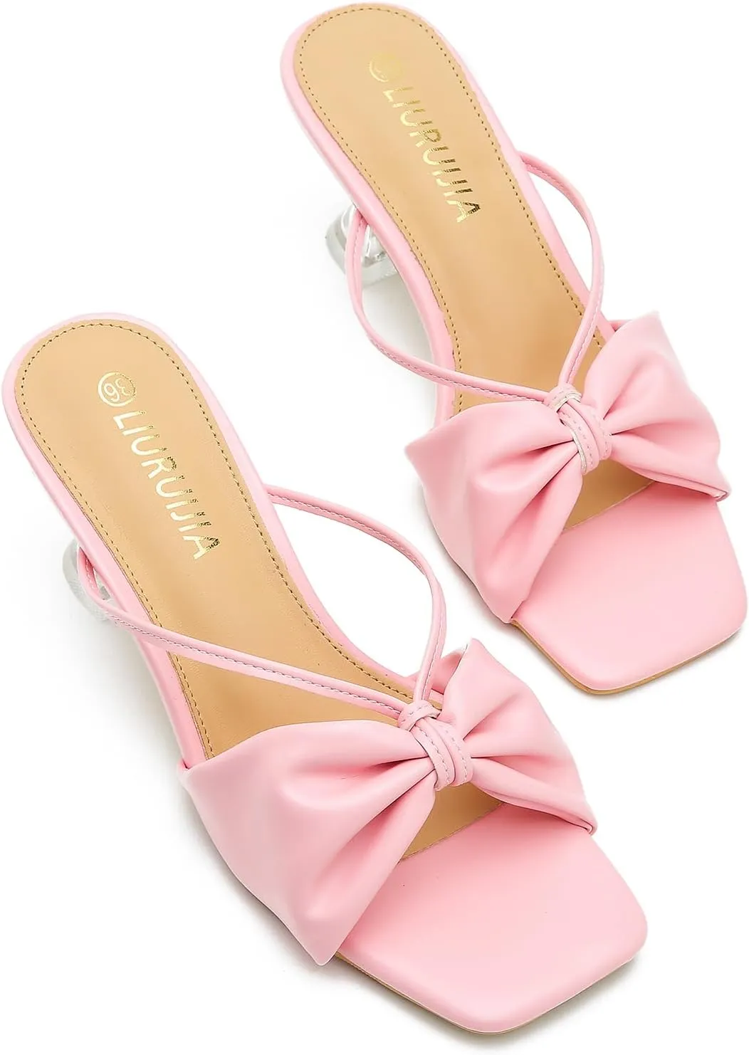 LIURUIJIA Women's Bow Strap Slip On Heeled Sandals Square Toe 2" Clear Heel Comfortable Heels Mules