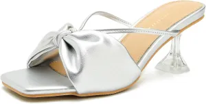 LIURUIJIA Women's Bow Strap Slip On Heeled Sandals Square Toe 2" Clear Heel Comfortable Heels Mules