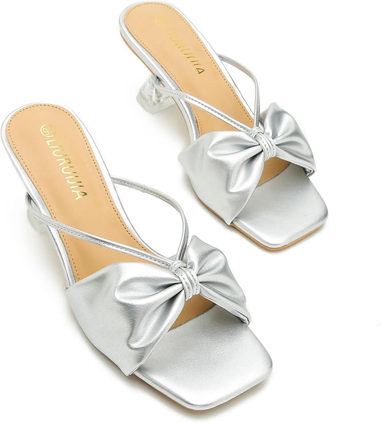 LIURUIJIA Women's Bow Strap Slip On Heeled Sandals Square Toe 2" Clear Heel Comfortable Heels Mules