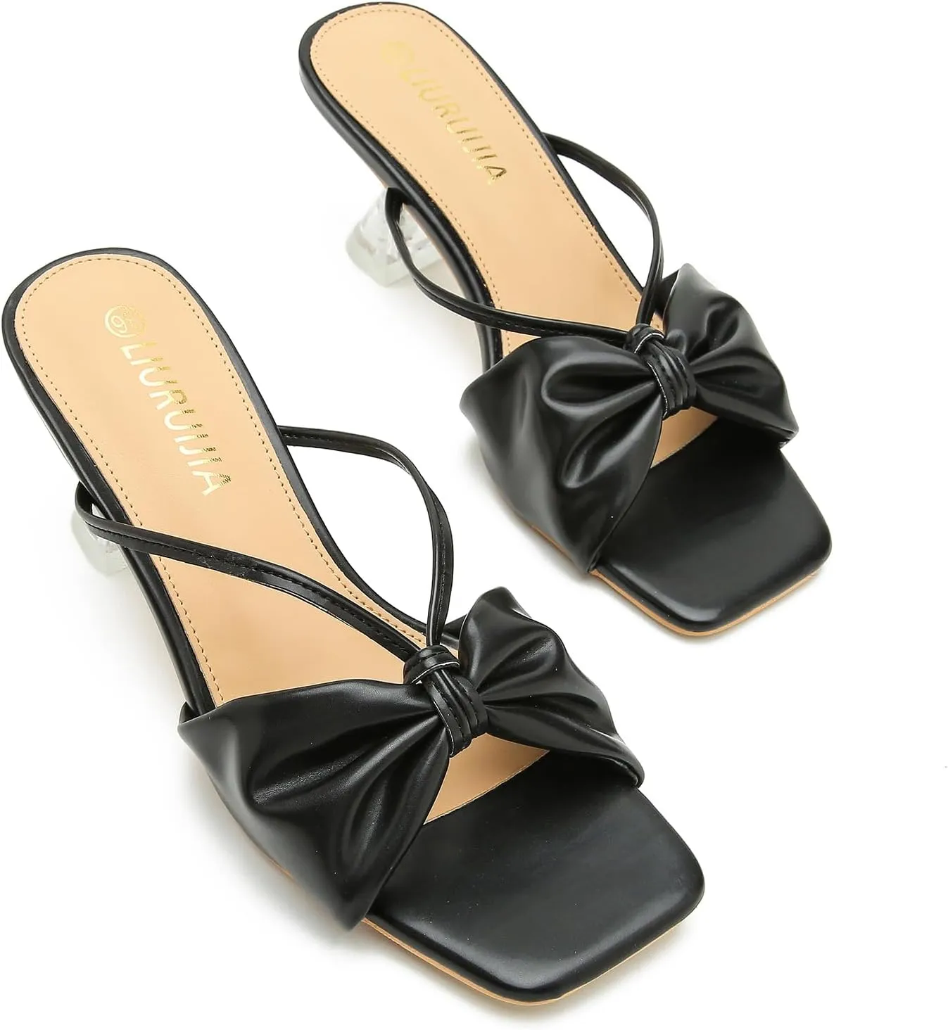 LIURUIJIA Women's Bow Strap Slip On Heeled Sandals Square Toe 2" Clear Heel Comfortable Heels Mules