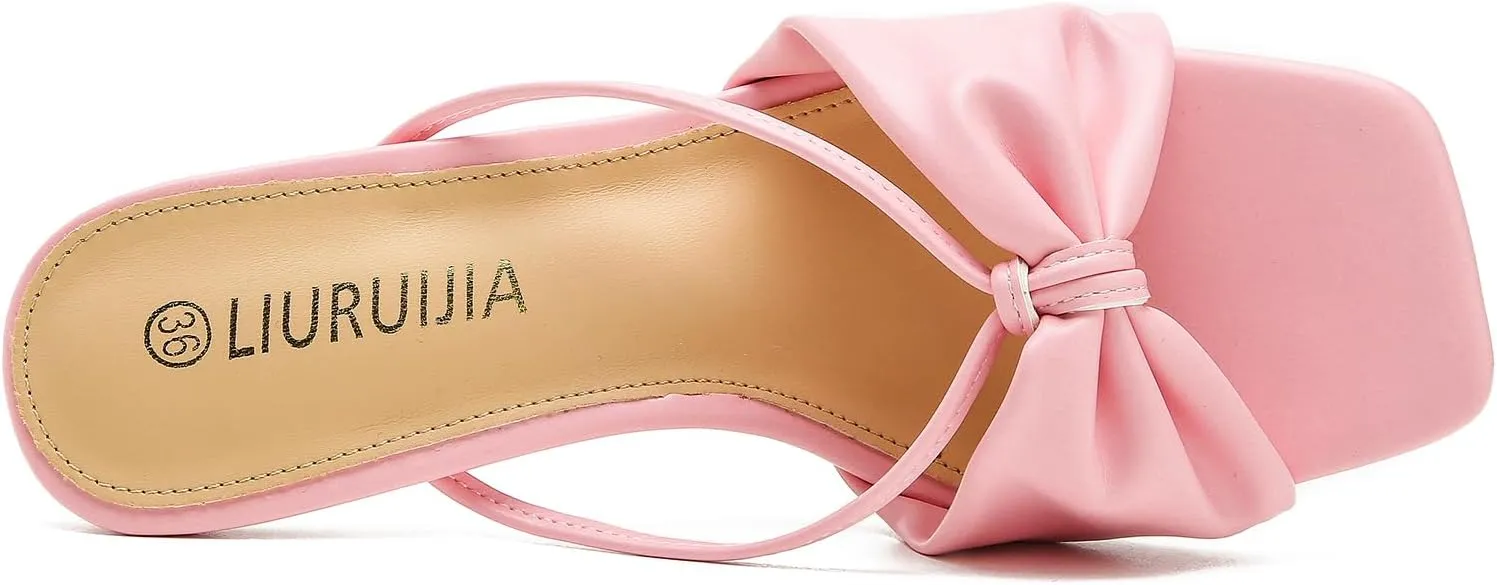 LIURUIJIA Women's Bow Strap Slip On Heeled Sandals Square Toe 2" Clear Heel Comfortable Heels Mules