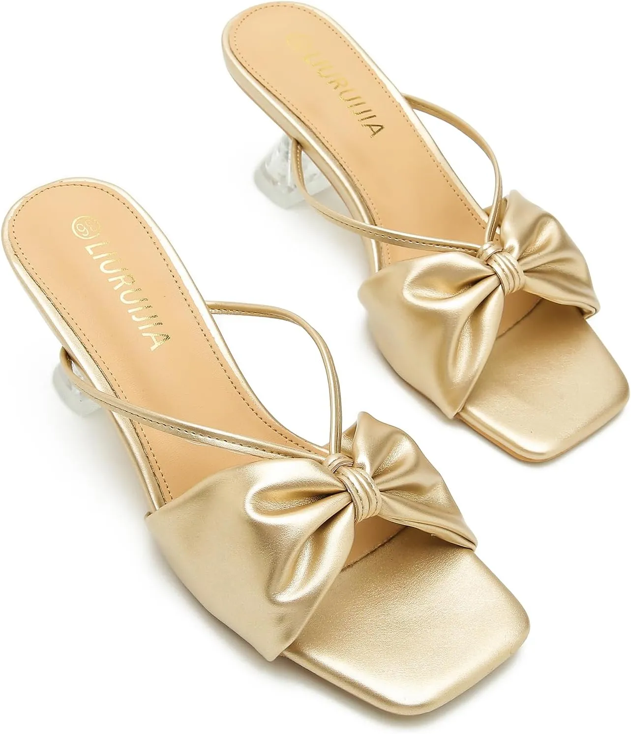 LIURUIJIA Women's Bow Strap Slip On Heeled Sandals Square Toe 2" Clear Heel Comfortable Heels Mules