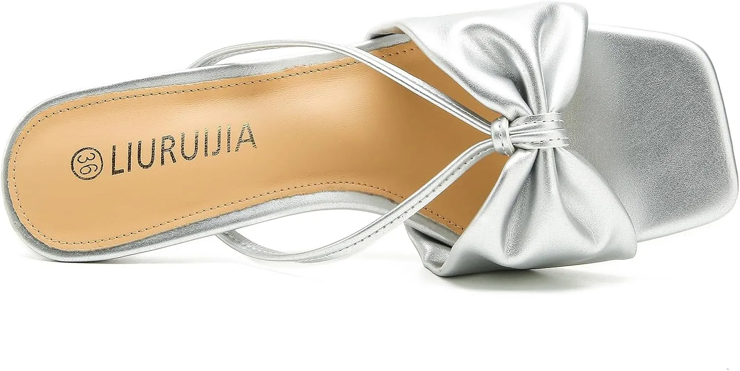 LIURUIJIA Women's Bow Strap Slip On Heeled Sandals Square Toe 2" Clear Heel Comfortable Heels Mules